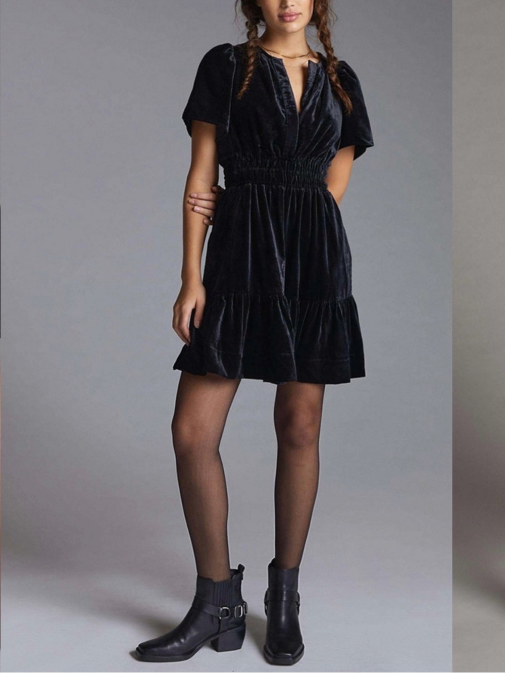 Anthropologie Somerset Black Velvet Short Sleeve Smocked Dress Size 2X